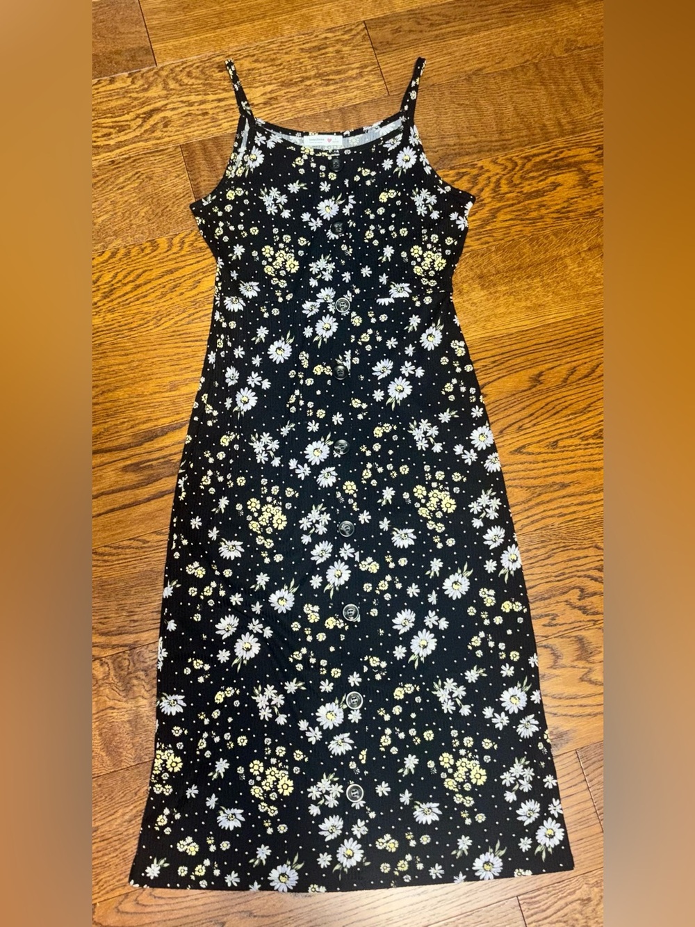 Beautees Black Daisy-Print Button Front Midi Dress